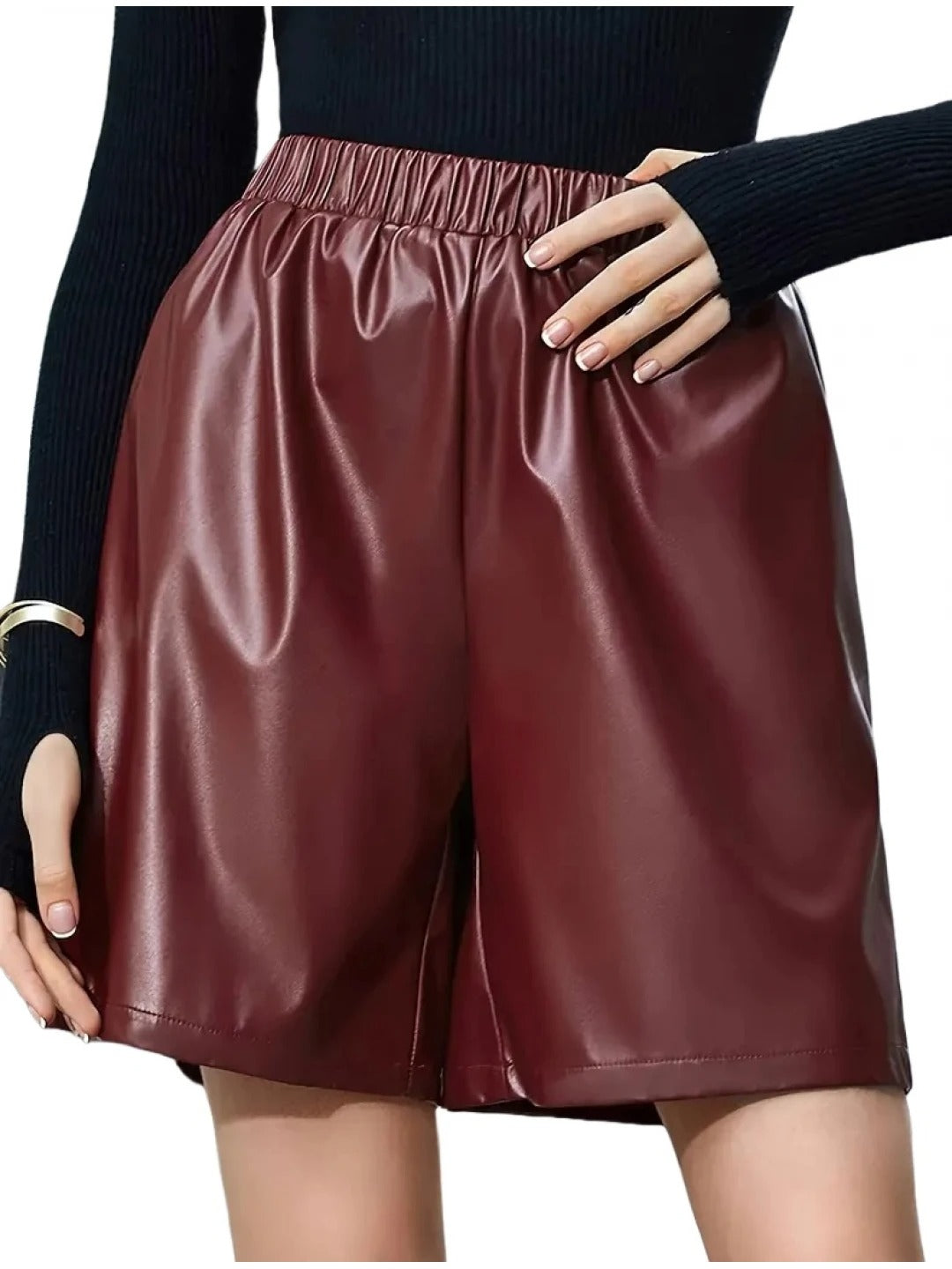 Women’s Burgundy Leather Shorts with Elastic Waist – Chic and Comfortable Fit