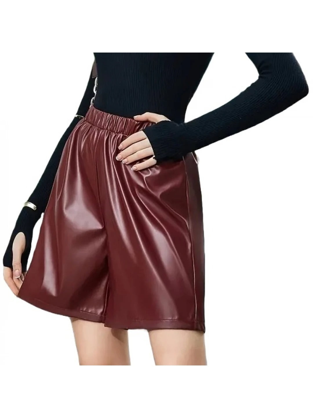 Women’s Burgundy Leather Shorts with Elastic Waist – Chic and Comfortable Fit