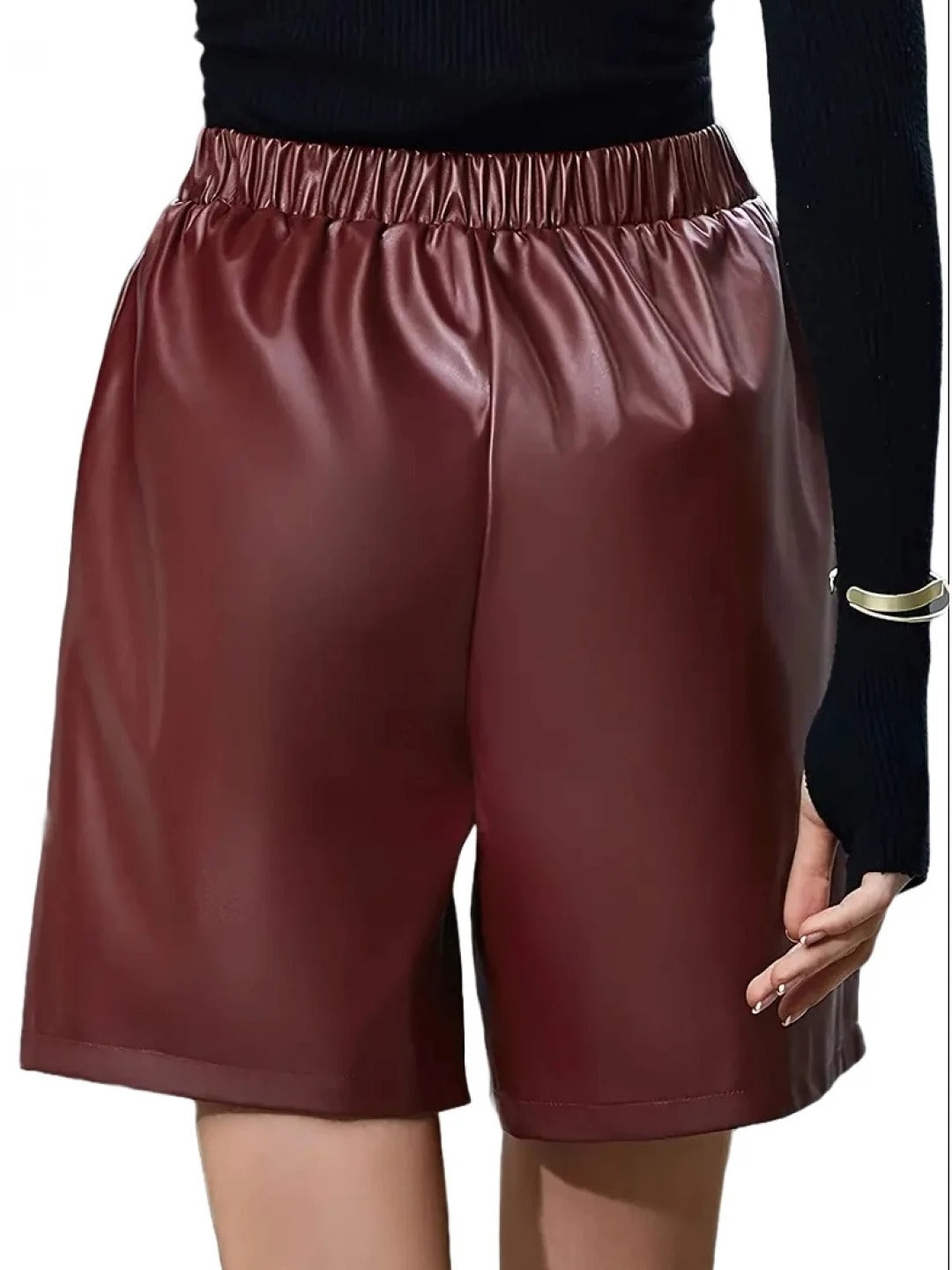 Women’s Burgundy Leather Shorts with Elastic Waist – Chic and Comfortable Fit