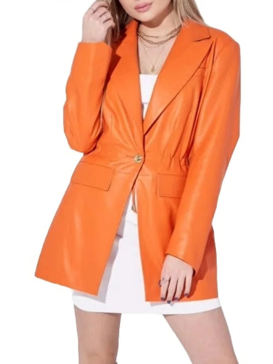 Women's Elastic Waist Orange Leather Blazer Vibrant & Flattering Fit