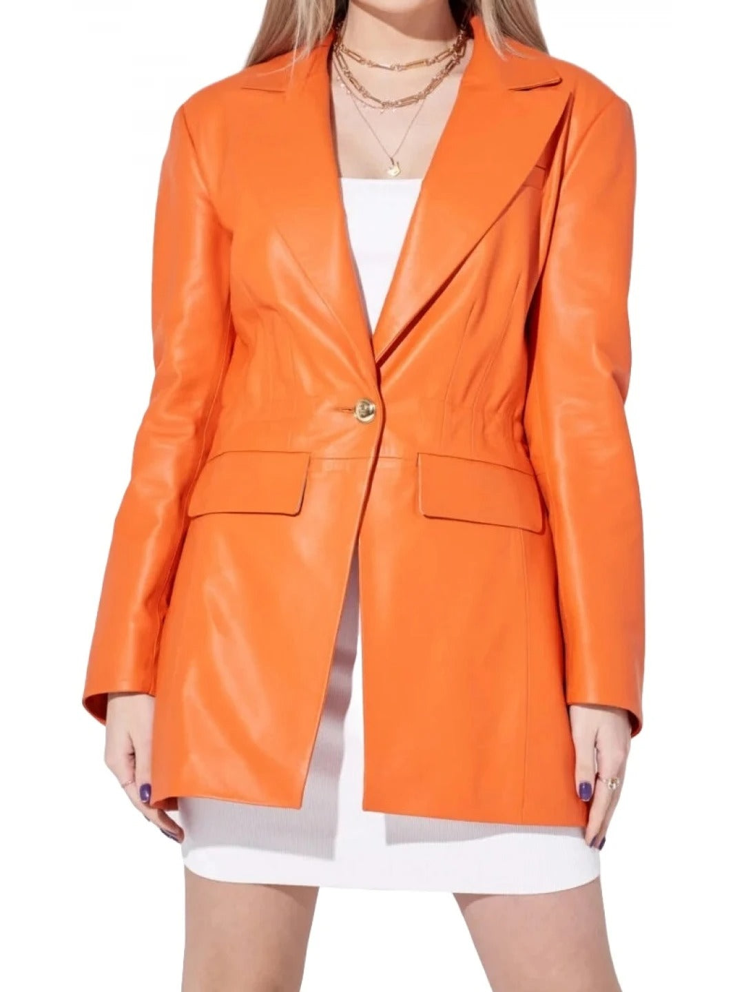 Women's Elastic Waist Orange Leather Blazer Vibrant & Flattering Fit