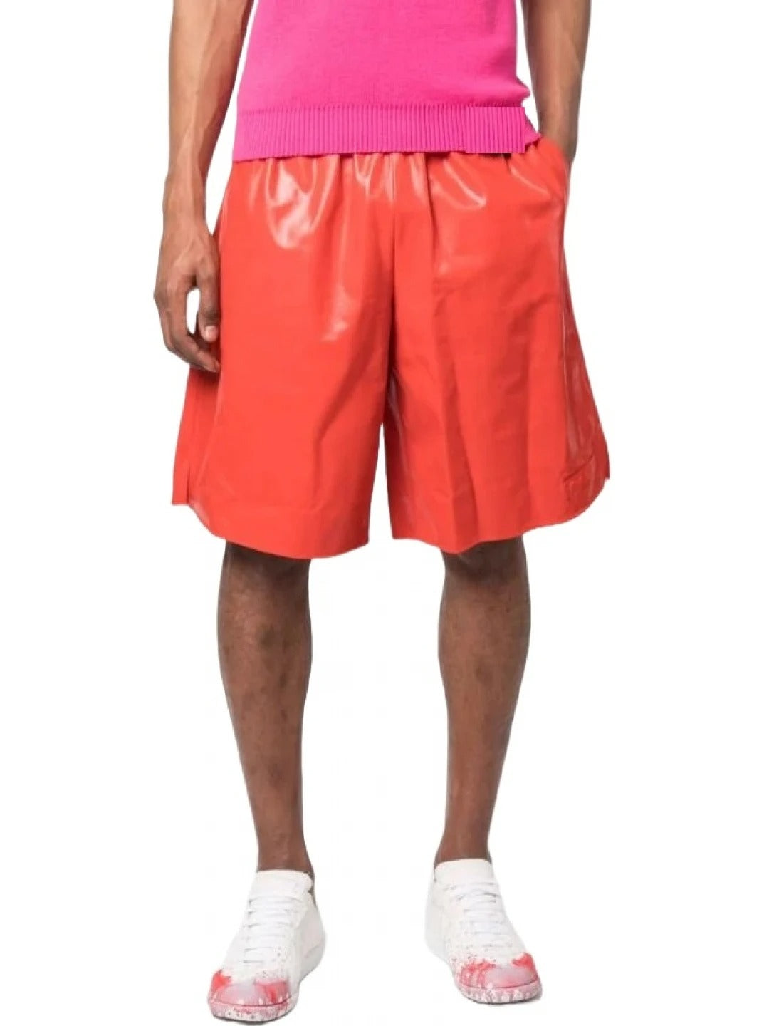 Men’s Orange Leather Shorts with Elasticized Waistband – Bold and Comfortable