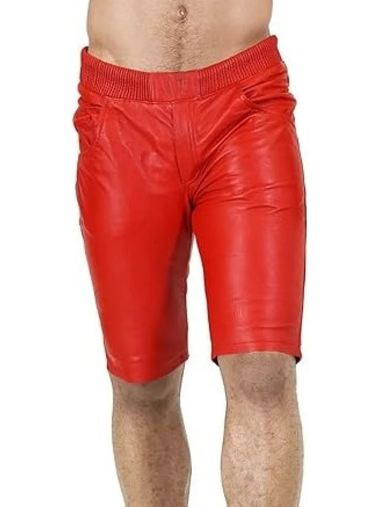 Men’s Red Leather Shorts with Elasticized Waistband – Bold and Comfortable