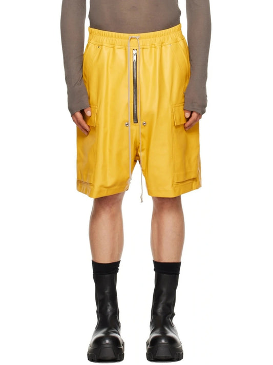 Men’s Yellow Leather Shorts with Elasticized Waistband – Bold and Comfortable