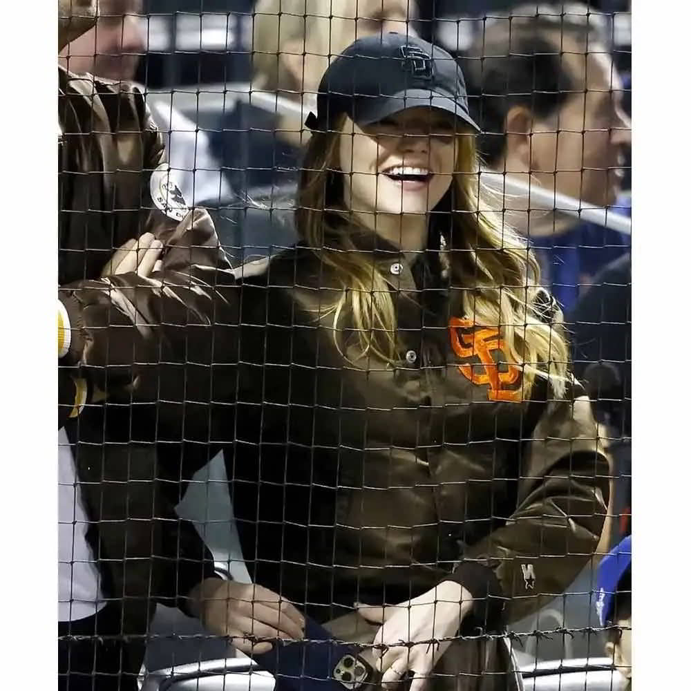 Emma Stone San Diego Padres Brown Satin Bomber Jacket
