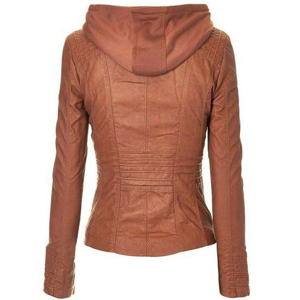 Women’s Brown Faux Leather Zip-Up Hooded Jacket by Avanzar Leather