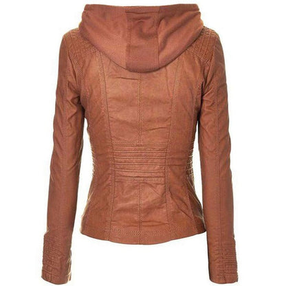Women’s Brown Faux Leather Zip-Up Hooded Jacket by Avanzar Leather