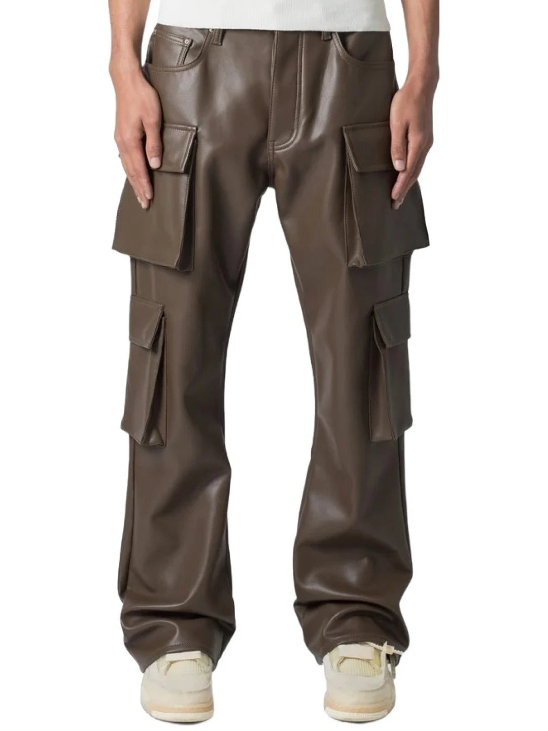 Four Flap Pockets Brown Leather Cargo Trousers for Men by Avanzar Leather