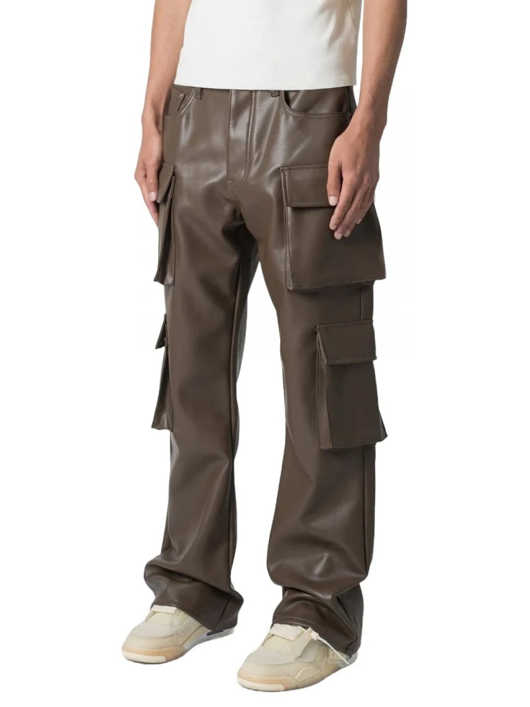 Four Flap Pockets Brown Leather Cargo Trousers for Men by Avanzar Leather