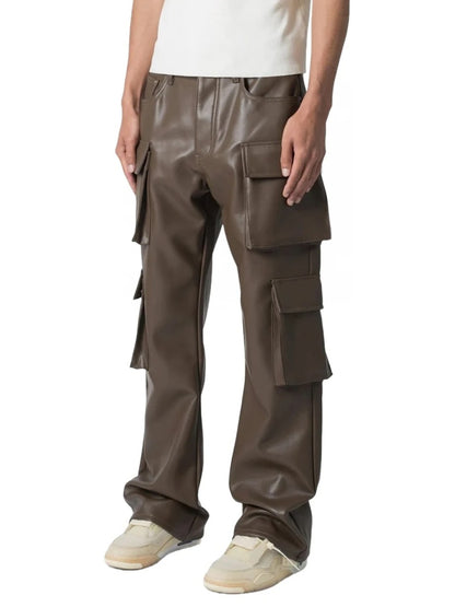 Four Flap Pockets Brown Leather Cargo Trousers for Men by Avanzar Leather