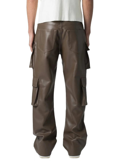 Four Flap Pockets Brown Leather Cargo Trousers for Men by Avanzar Leather