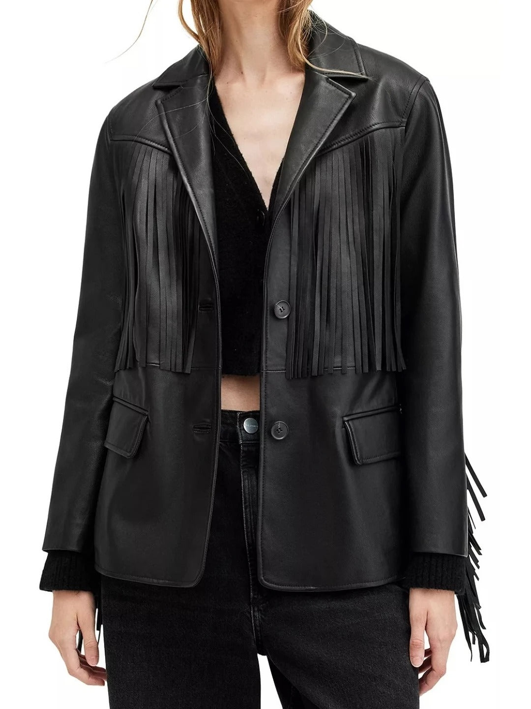 Fringe Detailing Black Leather Blazer Trendy & Bold Fashion Statement