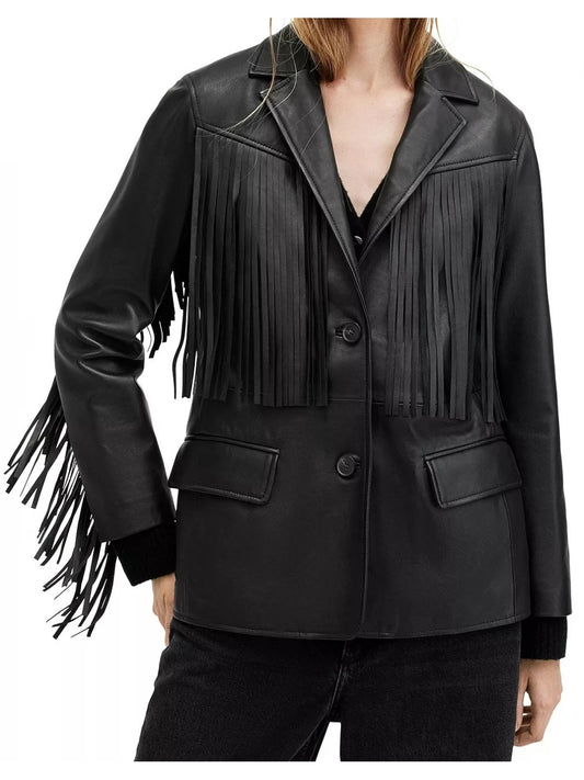 Fringe Detailing Black Leather Blazer Trendy & Bold Fashion Statement