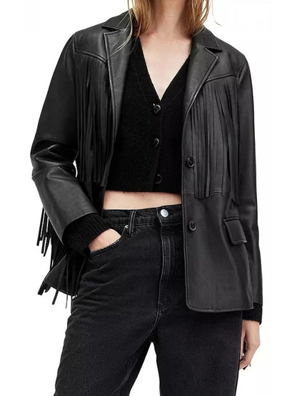 Fringe Detailing Black Leather Blazer Trendy & Bold Fashion Statement