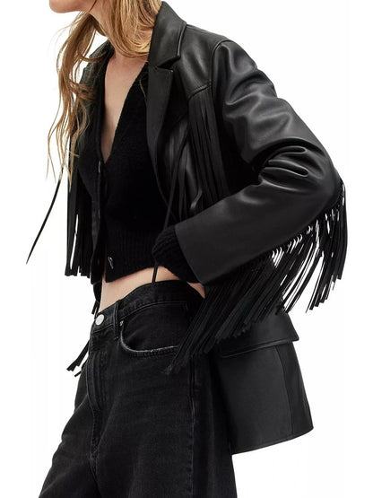 Fringe Detailing Black Leather Blazer Trendy & Bold Fashion Statement