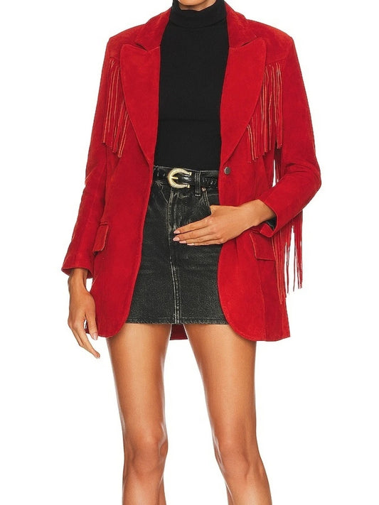 Red Fringe Suede Leather Blazer – Bold & Stylish Statement Jacket