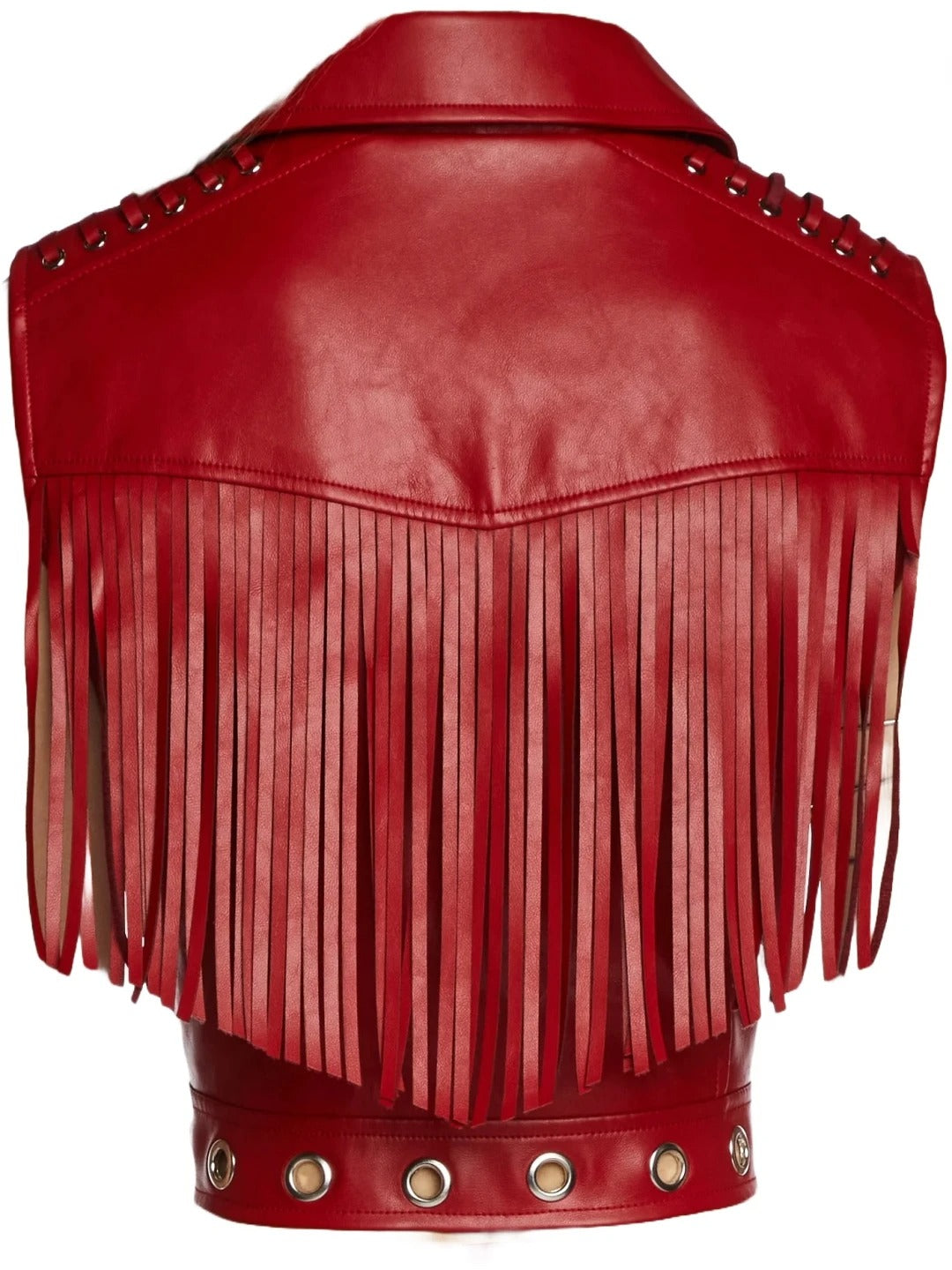 Women’s Fringed Lace-Up Red Leather Vest with Shorts – Bold and Stylish Outfit