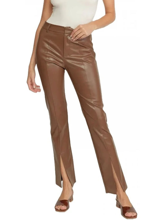 Brown Leather Pants with Front Split Hem Detail