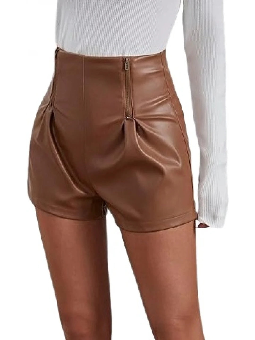 Women’s Brown Leather Shorts with Front Zipper Detail – Trendy and Stylish