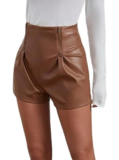 Women’s Brown Leather Shorts with Front Zipper Detail – Trendy and Stylish