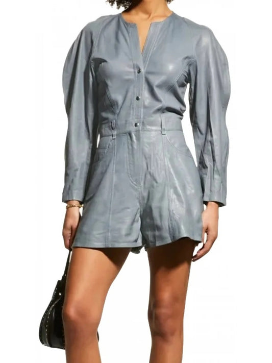 Avanzar Leather Grey Leather Puffed Sleeve Shorts Romper