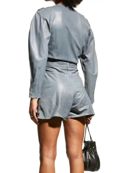 Avanzar Leather Grey Leather Puffed Sleeve Shorts Romper