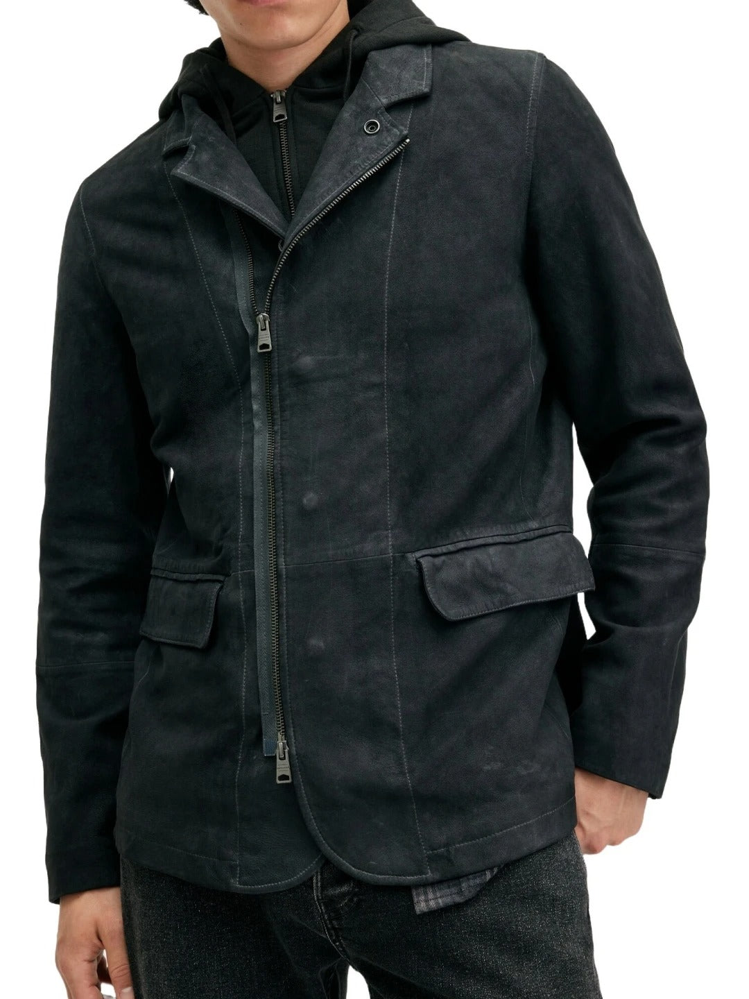 Men’s Hooded Black Suede Leather Blazer – Stylish and Modern