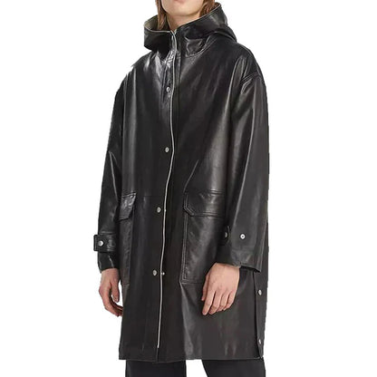 Men’s Black Hooded Leather Trench Coat