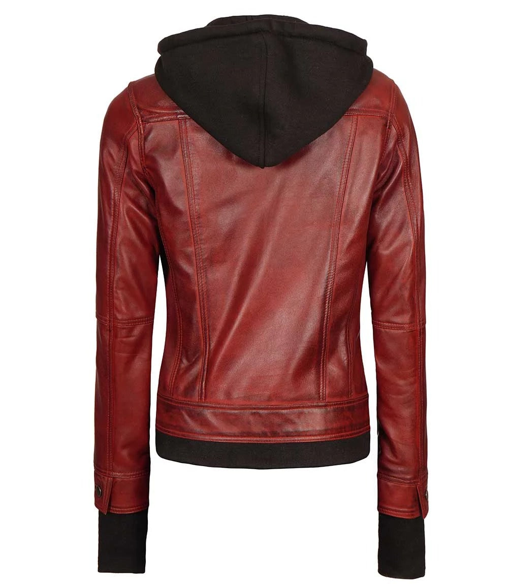 Avanzar Leather Tralee Women's Bomber Maroon Leather Jacket with Removable Hood