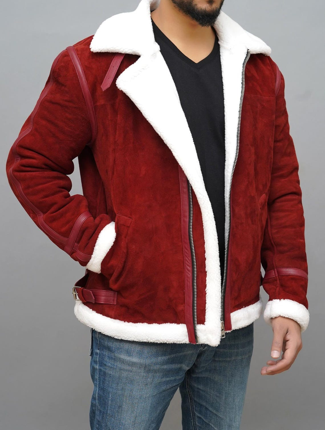 Ryan Reynolds Spirited Red Suede Shearling Leather Christmas Jacket