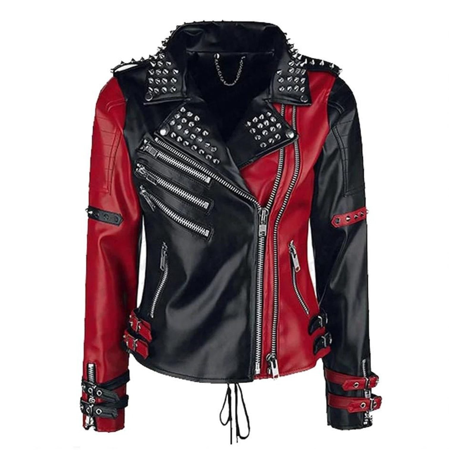 Avanzar Leather Rebel Punk Black & Red Studded Jacket