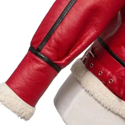 Women's Red Christmas Leather Jacket with Fur Trim