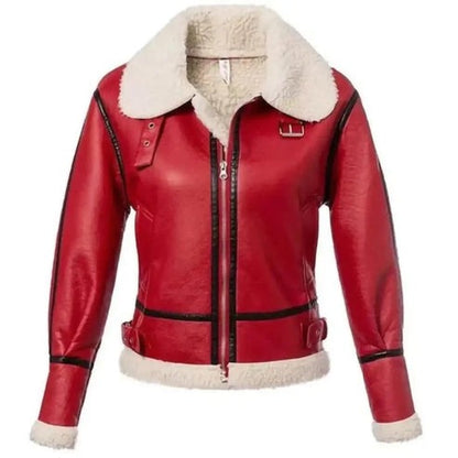 Women's Red Christmas Leather Jacket with Fur Trim