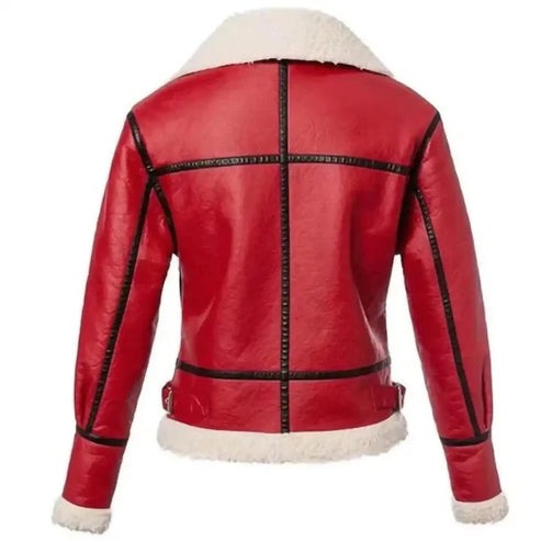 Women's Red Christmas Leather Jacket with Fur Trim