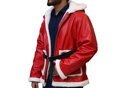 Santa Claus Christmas Leather Coat - Red Shearling Hooded Jacket by Avanzar Leather