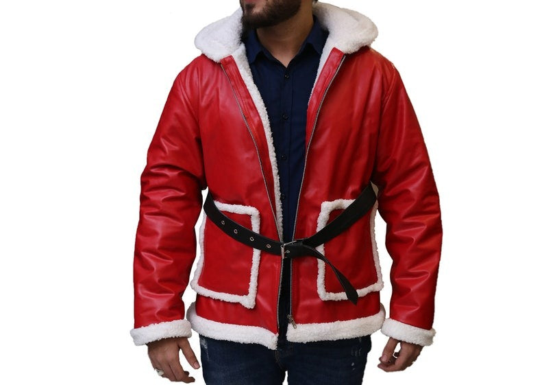 Santa Claus Christmas Leather Coat - Red Shearling Hooded Jacket by Avanzar Leather
