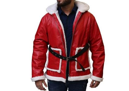 Santa Claus Christmas Leather Coat - Red Shearling Hooded Jacket by Avanzar Leather
