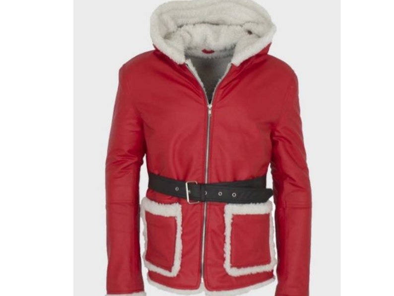 Santa Claus Christmas Leather Coat - Red Shearling Hooded Jacket by Avanzar Leather