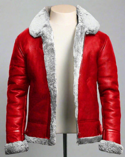 Men’s Faux Shearling Leather Red Fur Winter Jacket