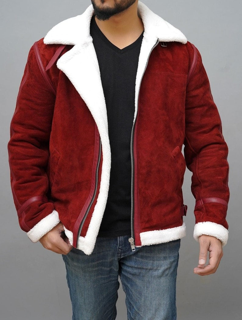 Ryan Reynolds Spirited Red Suede Shearling Leather Christmas Jacket