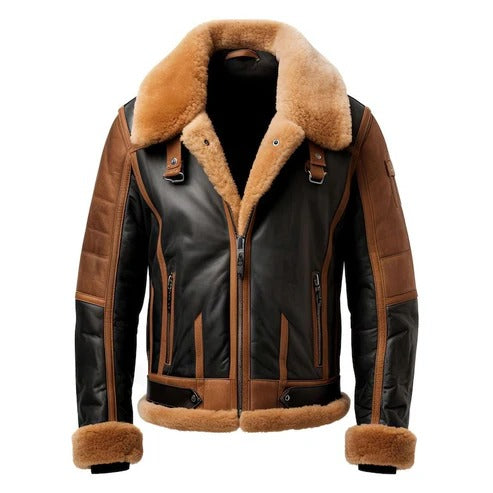 Men’s Black Sheepskin Leather Bomber Jacket with Brown Lining