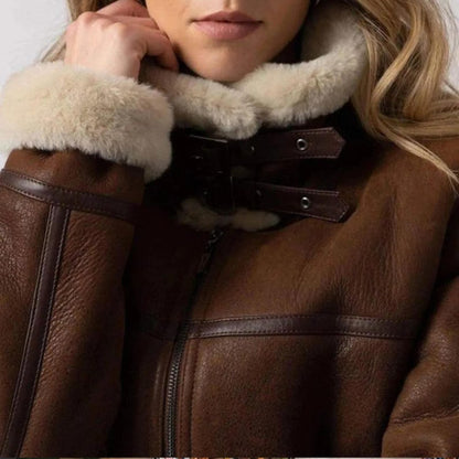 Collar buckle straps and zip on women's aviator jacket