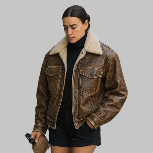 Vintage Brown Leather Trucker Jacket with Shearling Collar Oversized 70s Boho Coat for Women
