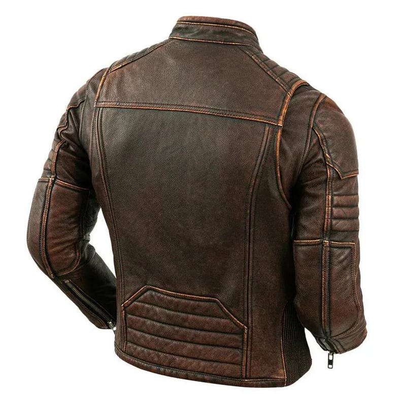 Back of distressed brown leather motorcycle jacket