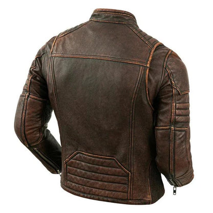Back of distressed brown leather motorcycle jacket