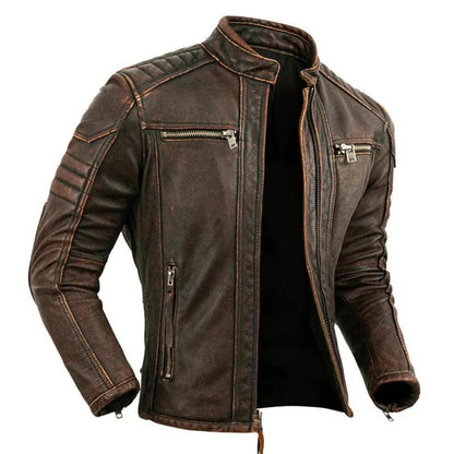 Angle view of brown distressed moto jacket