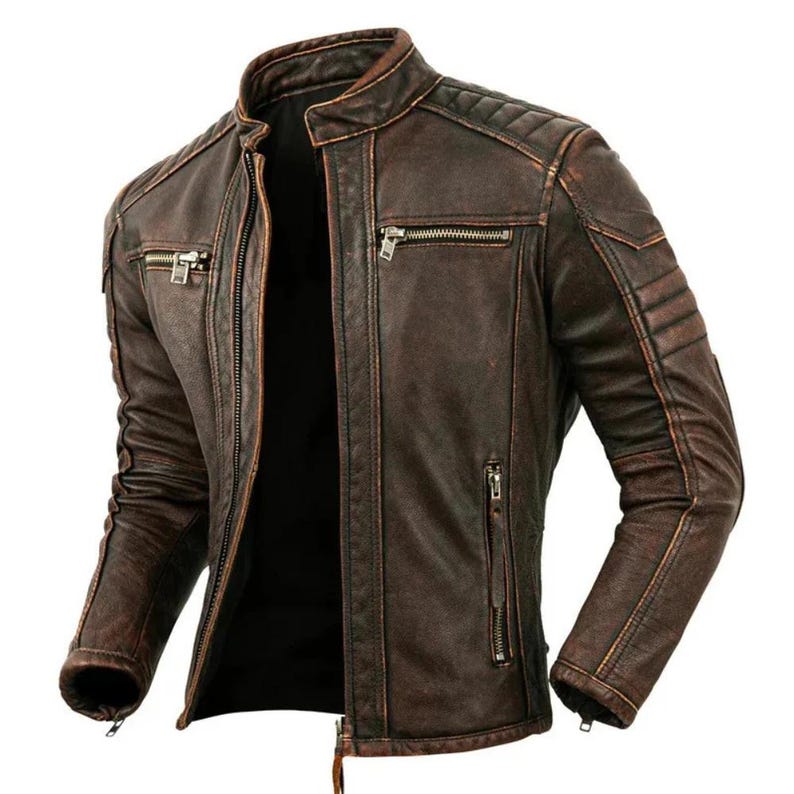 Side view of men's brown slim fit biker jacket