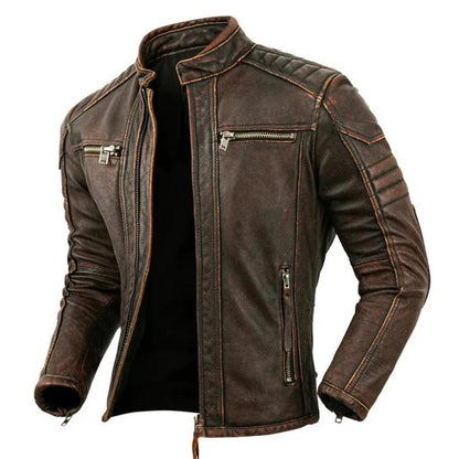 Side view of men's brown slim fit biker jacket