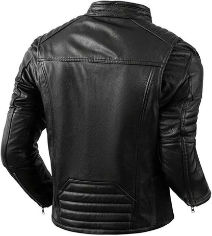 Back of men's black leather biker jacket