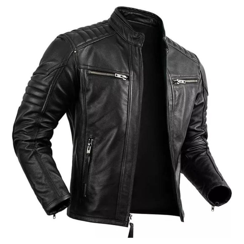 Men's black leather biker jacket with diamond-stitched shoulders
